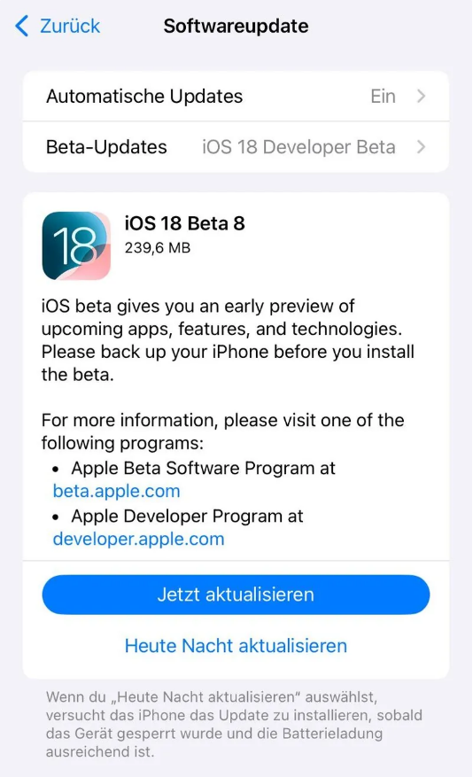 江孜苹果手机维修分享苹果 iOS / iPadOS 18 开发者预览版 Beta 8 发布 